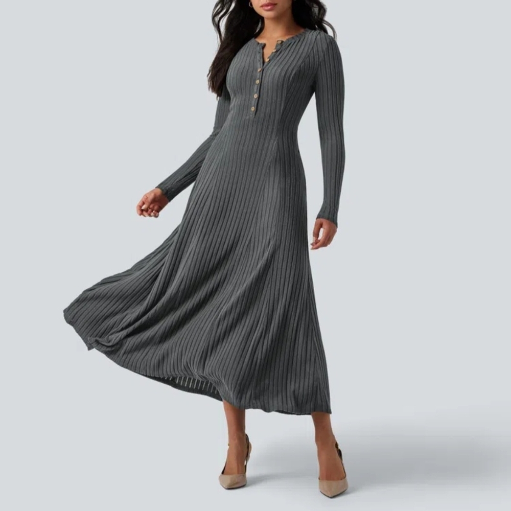 HALARA Ribbed Knit Henley Neck Long Sleeve Flowy Maxi Casual Dress